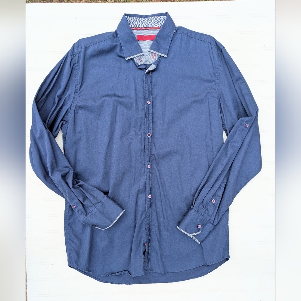 Luchiano Visconti Navy Button Down Shirt Striped Trim